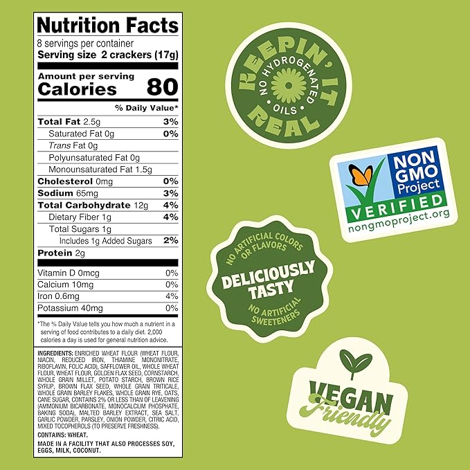 Back to Nature Multigrain Flatbread Crackers, Non-GMO, Vegan Friendly Snack Cracker, Made with Wheat Flour & Whole Grains, Snack Happy, 5oz Box