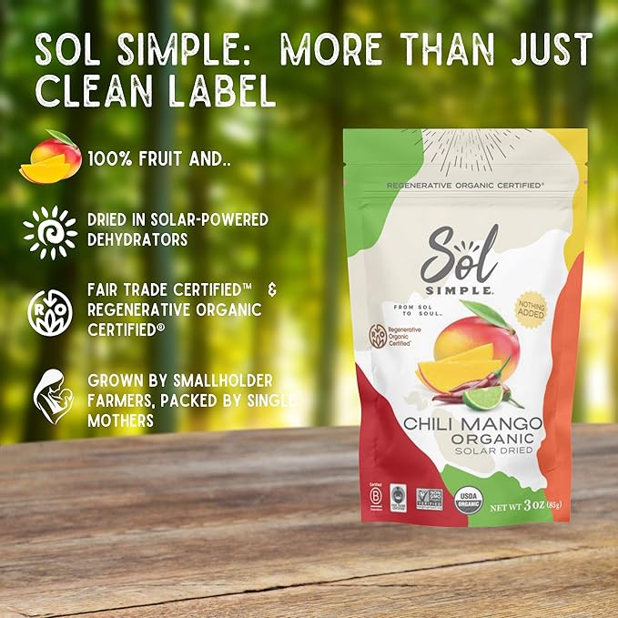 SOL SIMPLE Regenerative Organic Certified ® | Dried Chili Mango | Three Ingredients | Vegan | Non-GMO | No Added Sugar | Fair Trade | Dried Fruit | No Sugar Added | Organic