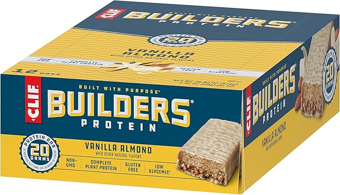 CLIF BUILDERS Protein Bars - Vanilla Almond Flavor - 20g Plant Based Protein - Gluten Free - Non-GMO - Low Glycemic - No Artificial Sweeteners - 2.4 oz. (12 Pack)