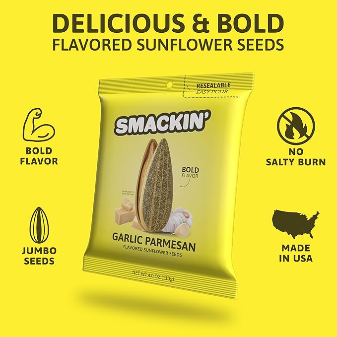 SMACKIN' - Jumbo Roasted Sunflower Seeds, No Salty Burn, American Made, Easy Pour & Seal - Garlic Parmesan, 4oz bag (12 Bags)