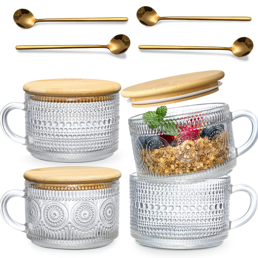 LANDNEOO 4pcs Set Vintage Coffee Mugs gifts for women, Overnight Oats Containers with Bamboo Lids