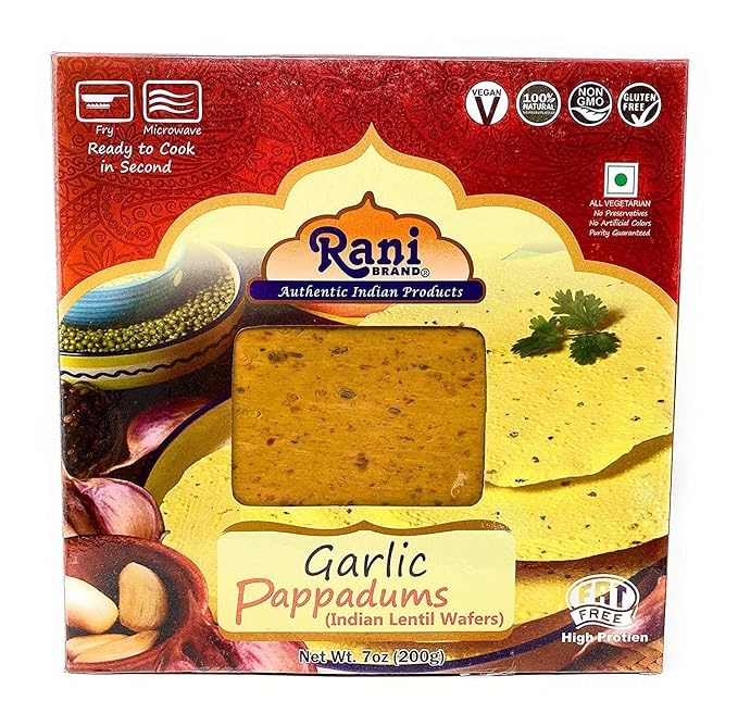 Rani Pappadums (Indian Lentil Wafer Snack) Garlic Papad 7oz (200g) Approximately 15pc, 7 inches, Pack of 2 ~ All Natural | Gluten Friendly | NON-GMO | Vegan | Indian Origin