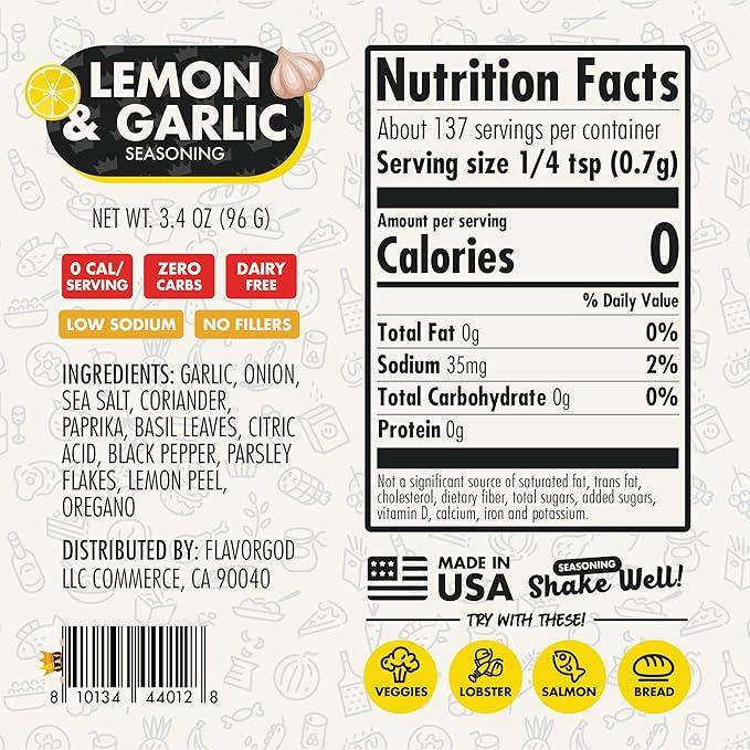 Lemon Garlic Seasoning Mix by Flavor God - Premium All Natural & Healthy Spice Blend for Chicken, Seafood, Salads & Vegetables - Kosher, Low Sodium, Dairy-Free, Vegan & Keto Friendly - Great Flavor Spices and Seasoning Gift