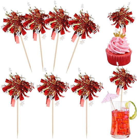 Rsstarxi 30 Pack Foil Firework Cupcake Toppers Red Sparkle Tinsel Drink Cake Decorations Cocktail Food Toothpicks for Happy Valentine's Day Birthday Wedding Graduation Party Decorations Red Silver