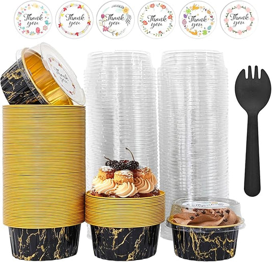 100 PCS Mini Cake Pans with Lids and 100 PCS Spoons,Aluminium Foil Baking Cups, 5 oz Disposable Baking Cups Foil Ramekins For Party Birthday Wedding Valentines (Black Gold Marble)