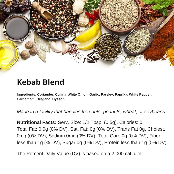 Premium Kebab Blend by Spice + Leaf, 3.5 oz - Kosher, Vegan Preservative Free Spice. Vegetarian, Dairy Free and Salt Free