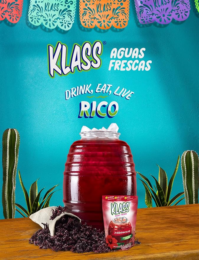 Klass Aguas Frescas |Drink Mix Hibiscus | Flavors From Natural Sources, No Artificial Flavors, With Vitamin C (Makes 7 to 9 Quarts) 14.1 Oz Family Pack (4-Pack)