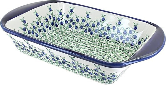 Blue Rose Polish Pottery - Blue Porcelain Vine Large Rectangular Baker with Handles - 9" x 6.5" - Unique, Dishwasher Safe, & Durable Bakeware