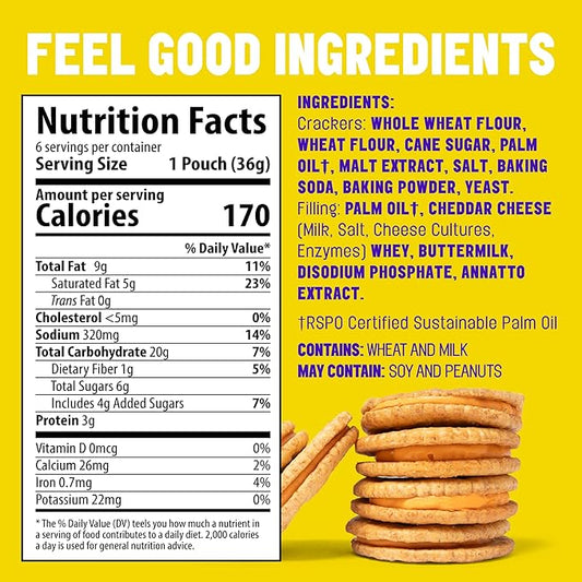 Mavericks Sandwich Crackers Cheddar - Cheese Filled Whole Grain Sandwich Cracker Snack Packs, Non-GMO - Back to School - 6 Boxes (36 Snack Packs)