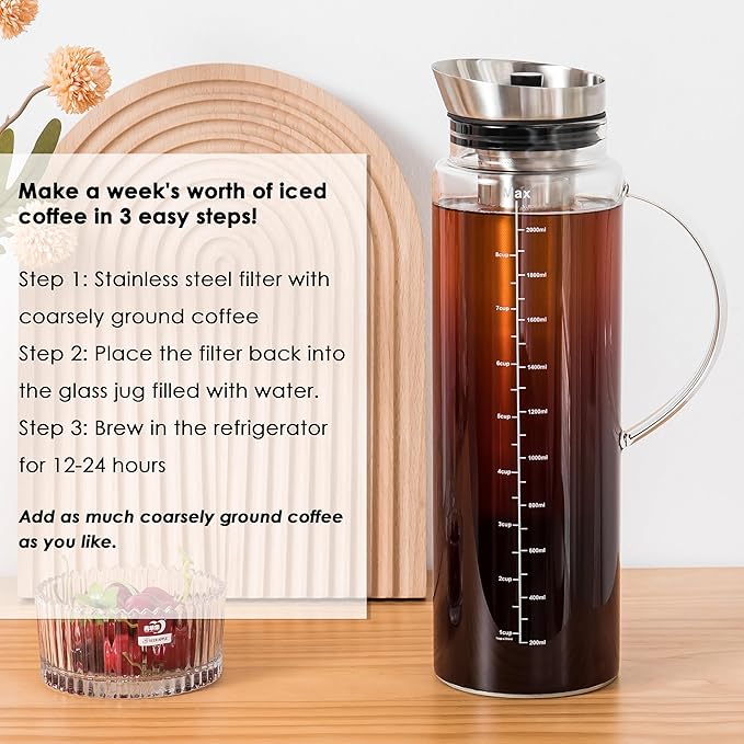 Aquach 68 Oz Cold Brew Coffee & Iced Tea Maker ??Airtight Lid for Freshness Up to 2 Weeks, Dishwasher Safe
