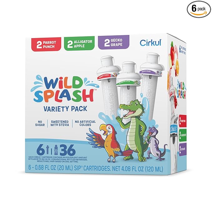 Cirkul Wild Splash Flavor Cartridge Variety Pack with Stevia, 6-Pack (2 Parrot Punch, 2 Alligator Apple, 2 Gecko Grape), No Sugar, Zero Calorie Drink Mix