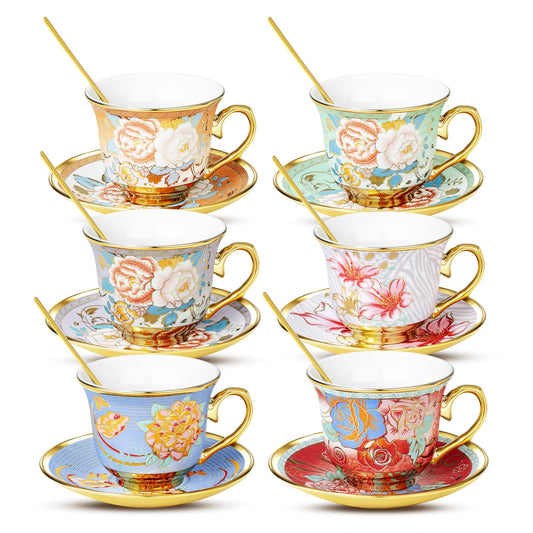 XRBEOU Tea Cups and Saucers, Tea Cup Set of 6, 8 OZ Floral Cups Porcelain Cup Set for Cappuccino