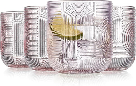 Glaver's Whiskey Glasses Set of 4 Double Old Fashioned 13 oz. Rock Glases, Pink Embossed Art Deco New Designed, Modern Vintage Drinking Glassware For Home Bar Whisky Bourbon Scotch