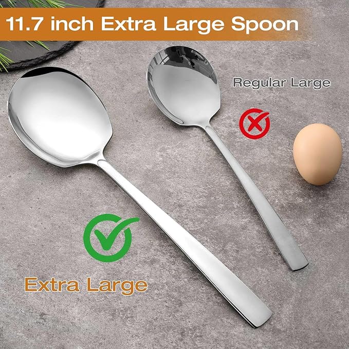 Extra Large Serving Spoons Set 18/8 Stainless Steel Silver Serving Utensils 11.7Inch Big Metal Spoons for Buffet, Parties, Catering, Banquet - Dishwasher Safe (6-Piece, Silver)