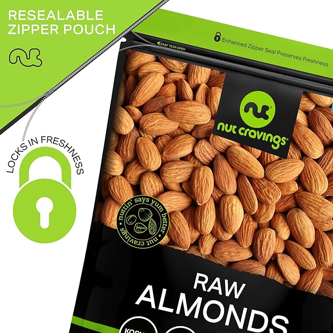 NUT CRAVINGS - Raw Whole Almonds, Unsalted, Shelled, (32oz - 2 LB) Bulk Nuts Packed Fresh in Resealable Bag - Kosher Healthy Snack, Food Assortments Ideal for Trail Mixed Nuts