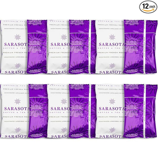 Sarasota Coffee Ground Packets | Gourmet Dark French Roast Ground Coffee Packs | Cubano European | Low Acid Mold Free Singles Individual Pouches for 12 Cup Coffee Maker | 2 Ounce Bags, 12 Count
