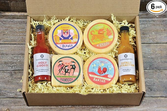 Cheese Bros. Deluxe Hot & Spicy Gift Box | Fresh from Wisconsin | Gouda varieties including Scorpion Pepper, Honey Sriracha, Mango Habanero, 3 Amigos Pepper and 2 bottles of Hot Sauce | Food Gifting