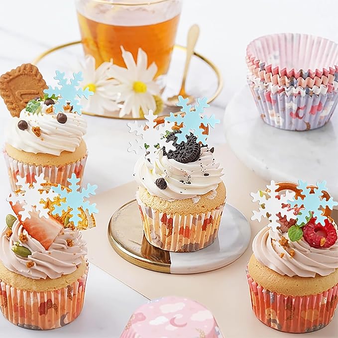 Rsstarxi 50 Pack Edible Snowflake Cupcake Toppers Baby Shower Cake Decorations Winter Frozen Snowflake Cake Toppers for Winter Theme Kids Birthday Party Cake Decorations Blue White