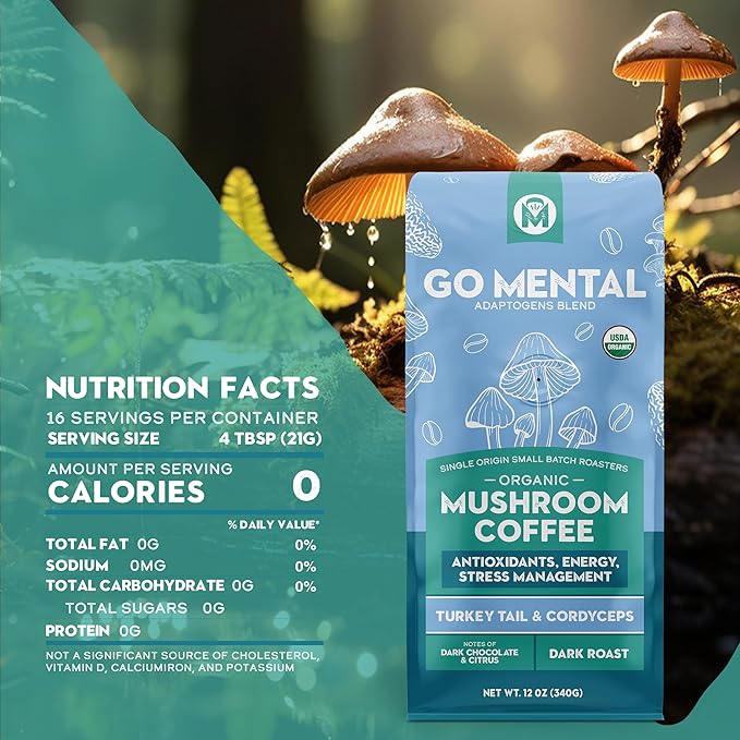 Organic Mushroom Coffee 3 Bag Gift Box Set, Lion's Mane & Chaga, Red Reishi & Chaga Decaffeinated, Turkey Tail & Cordyceps, Immune Support & Overall Wellbeing Dark Roast 36oz Ground