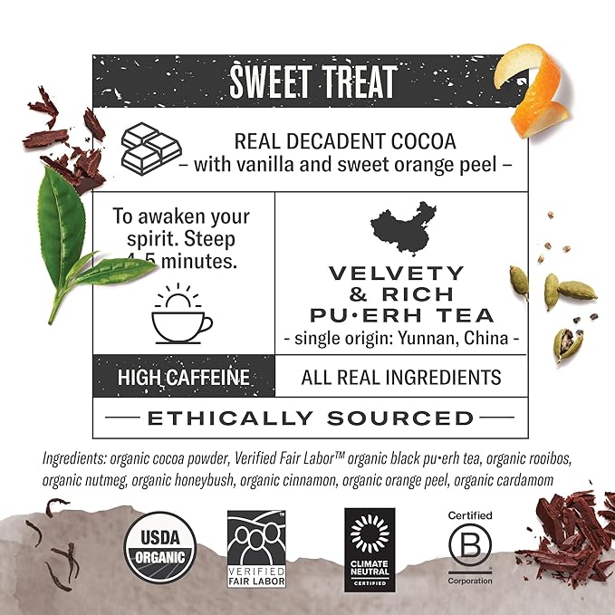 Numi Organic Chocolate Pu-erh Tea, 100 Tea Bags, Aged Yunnan Pu-erh Black Tea with Cocoa & Sweet Orange Peel, Caffeinated