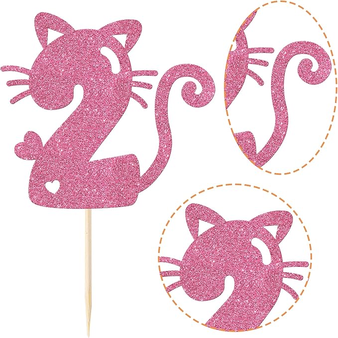 1 Pack Cat Cake Topper 2nd Birthday Cake Pick Glitter Cute Pet Cat Cake Decoration for Cat Theme Baby Shower Kids Second Birthday Wedding Party Cake Decorations Supplies Pink