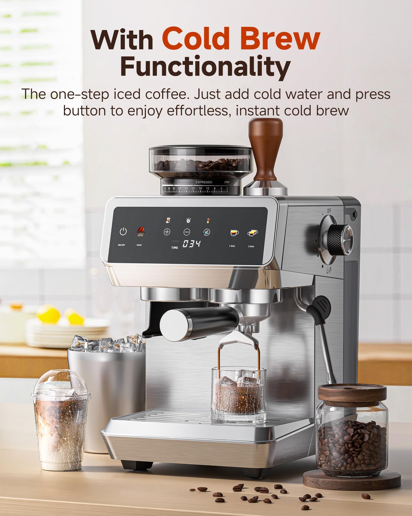 AMZCHEF Espresso Machine With Grinder, Temp Control, 44 Grind Settings