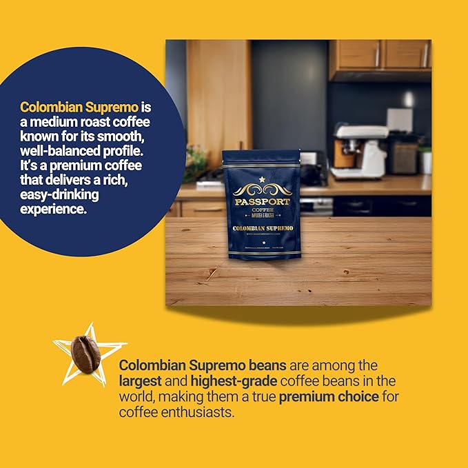 Passport Coffee Colombian Supremo ??Medium roast Arabica from the Huila Region. Flavor notes of sweet nutty caramel & citrus. Premium whole bean coffee, 12oz Bag