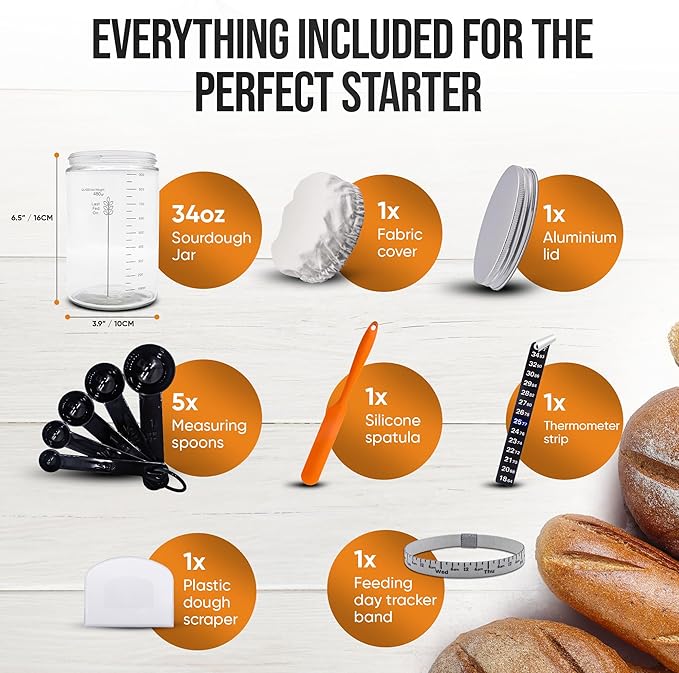 Sourdough Starter Kit - 34oz Large Capacity Glass Fermentation Jar with Lid, Silicon Spatula, and Measuring Spoons - Beginner Sourdough Starter Kit, Sourdough Bread Baking Supplies, Fermentation Kit
