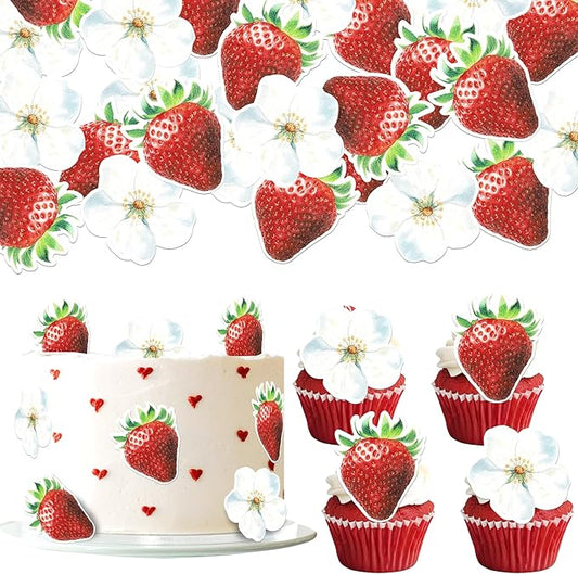 60 PCS Edible Strawberry Cupcake Toppers Strawberry Flower Birthday Cake Decorations Edible Berry Strawberry Bridal Engagement Cupcake Picks for Baby Shower Wedding Anniversary Party Supplies
