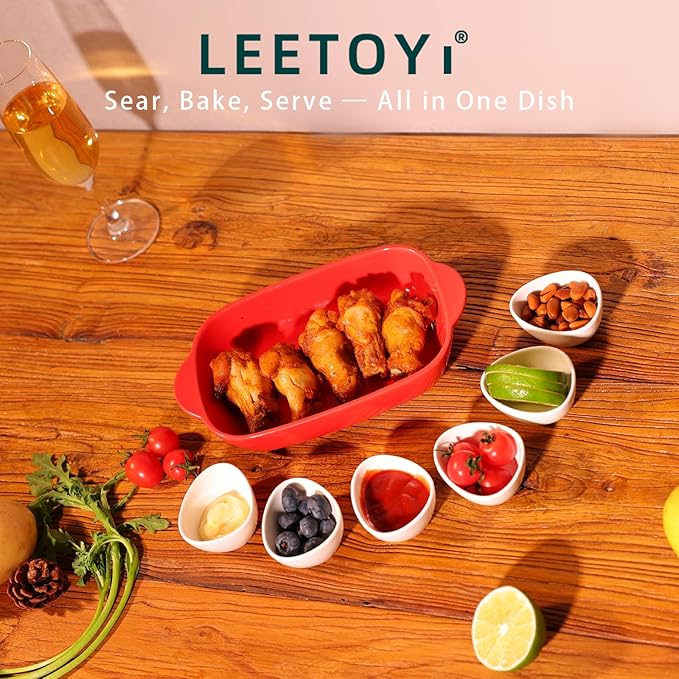 LEETOYI Ceramic Small Baking Dish 7.5-Inch Set of 4, Rectangular Bakeware with Double Handle, Baking Pans for Cooking and Cake Dinner (Red)