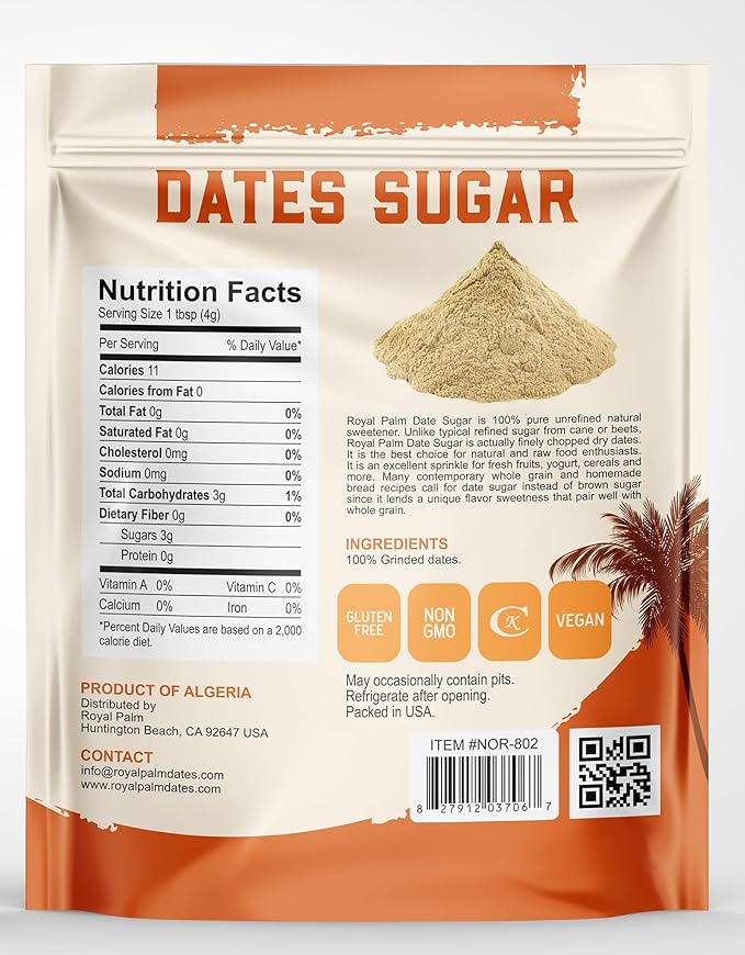 Royal Palm Pure Date Sugar 1 LB | 100% Natural Sweetener | No Added Sugar | Non-GMO | Kosher | Gluten-Free | Healthy Date Sugar for Baking Cooking | Vegan Substitute