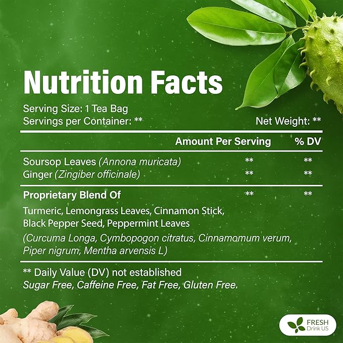 FreshDrinkUS, Super Soursop Herbal Tea ??40 Tea Bags | Soursop, Ginger, Turmeric, Lemongrass, Cinnamon, Black Pepper & Peppermint | Caffeine-Free, Natural Flavor, Plant-Based Blend | Sugar-Free