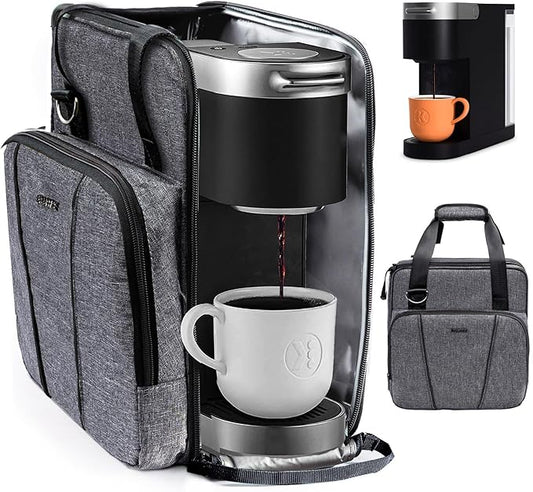 BAGSPRITE Travel Coffee Maker Bag for Keurig K-Slim, Single Serve Coffee Brewer Carrying Case, Portable Travel Coffee Maker Storage Case with Pockets for K-Cup Pods (Full Open Design Patent Pending)