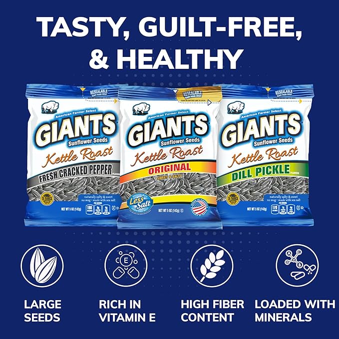 GIANTS Sunflower Seeds Variety Pack - Flavored Sunflower Seeds to Eat, Dill Pickle Sunflower Seeds, Cracked Pepper, Sweet & Salty, 8g Protein Per Serving - 5 oz Resealable Bags (Pack of 3)