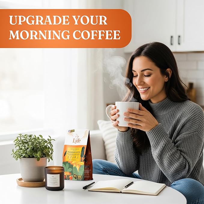 LYFE Organic Instant Decaf Mushroom Coffee ??Lion?™s Mane, Chaga, Cordyceps, Turkey Tail | USA Grown Adaptogenic Mushrooms for Better Energy, Focus, Gut Health, Immunity ??40 Servings