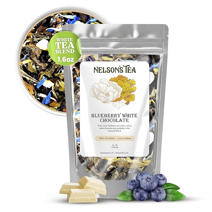 Nelson's Tea - Blueberry White Chocolate Loose Leaf Tea With White Tea, Chocolate Pieces, Dried Blueberries, and Cornflowers - 1.6 oz.