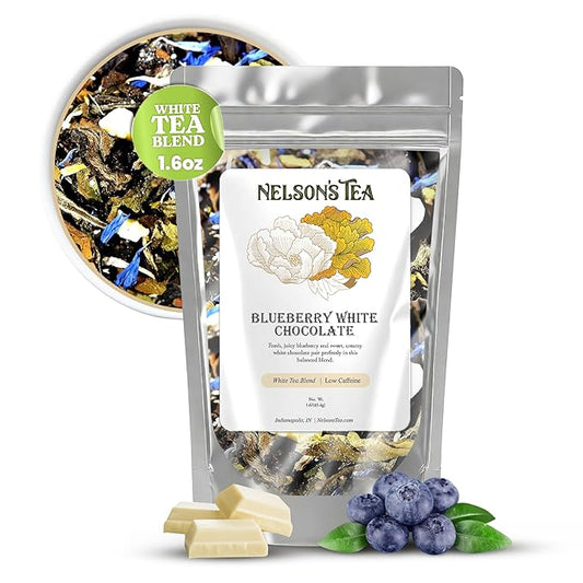 Nelson's Tea - Blueberry White Chocolate Loose Leaf Tea With White Tea, Chocolate Pieces, Dried Blueberries, and Cornflowers - 1.6 oz.