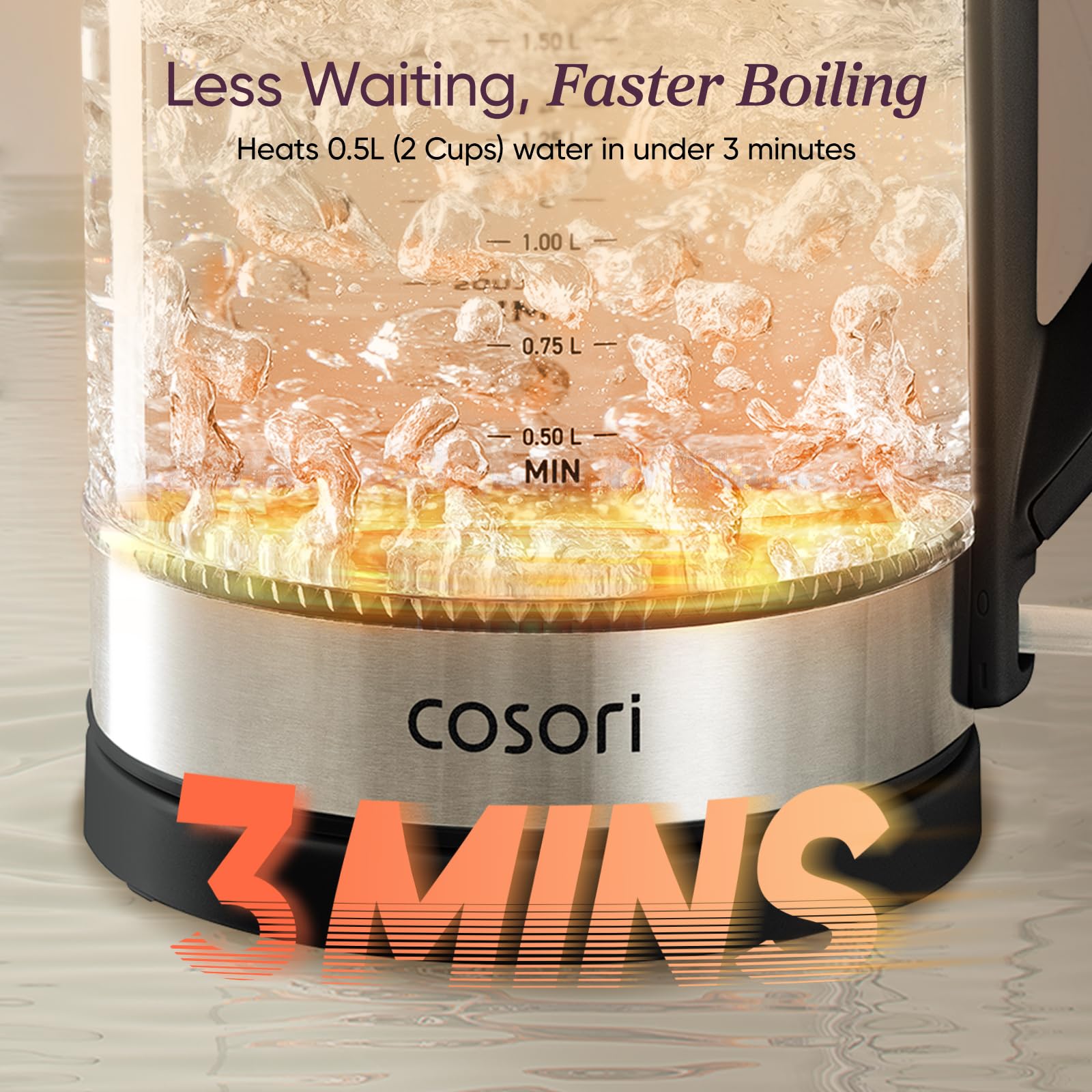 Cosori Electric Kettle, No Plastic Contact with Water, 1.7L, Black