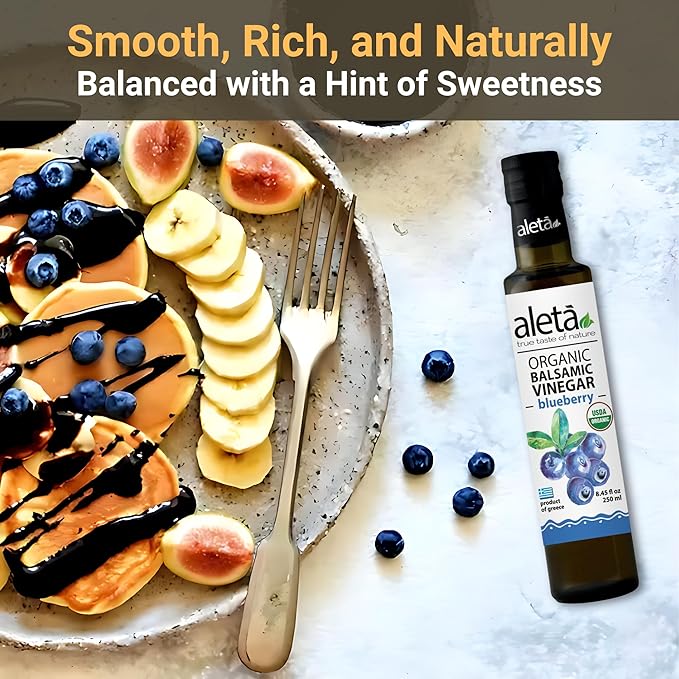 Aleta Farms Balsamic Vinegar, Greek Organic Blueberry Infused Aged Balsamic Vinegar, USDA Organic, Perfect for Salad Dressings, Pasta, Desserts & Cocktails, Glass Bottle, 8.45 fl oz (Blueberry)