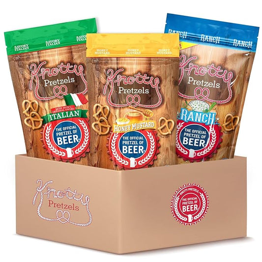 Knotty Pretzels ???쏷he Official Pretzel of Beer??7.5 Ounce Pretzel in Resealable Snacks Bags, Flavored Pretzels, Savory Italian, Honey Mustard, Ranch - Savory Variety (3 Pack)