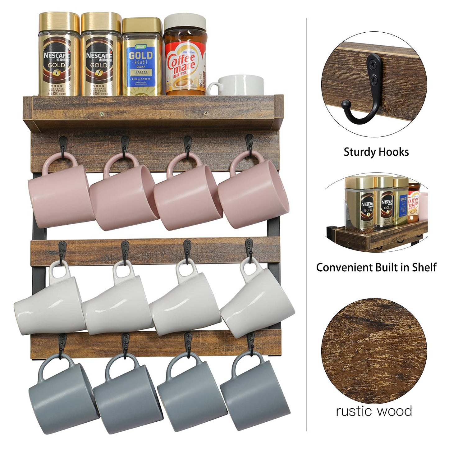 OROPY Coffee Mug Rack Wall Mounted, Rustic Wood Cups Rack, 12 Hooks & Shelf