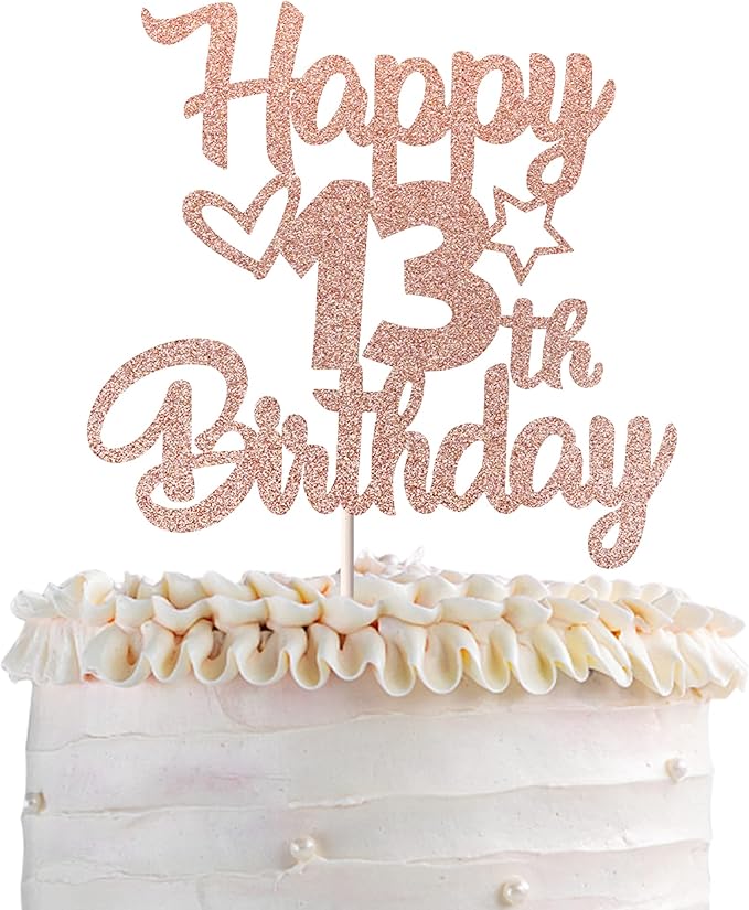 1 Pack Happy 13th Birthday Cake Topper Glitter Heart Star 13 Fabulous Cake Pick Birthday Sign Cake Decorations for Children 13th Birthday Theme Party Supplies Rose Gold