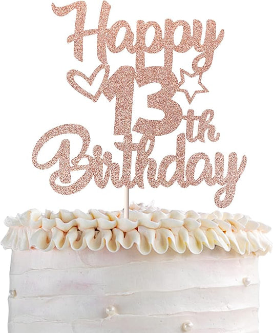 1 Pack Happy 13th Birthday Cake Topper Glitter Heart Star 13 Fabulous Cake Pick Birthday Sign Cake Decorations for Children 13th Birthday Theme Party Supplies Rose Gold