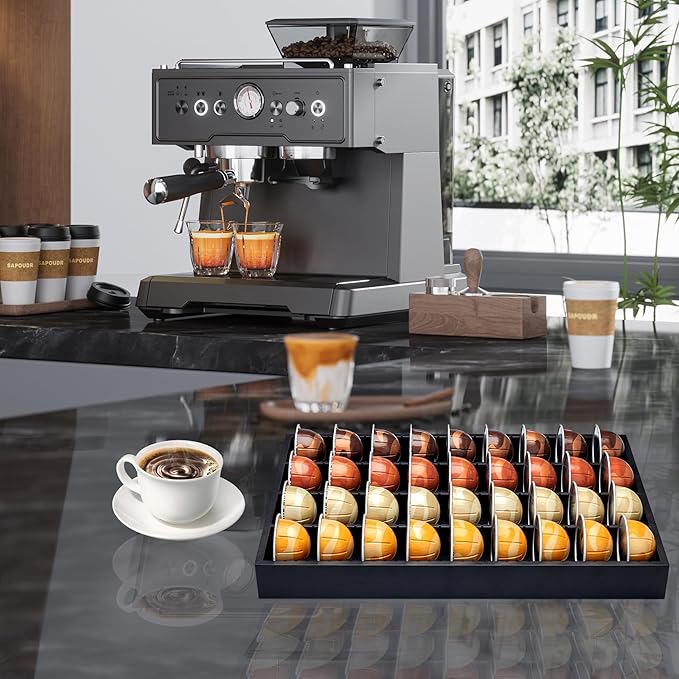 MinBoo Bamboo Coffee Pod Storage Holder Drawer Insert for Counter Compatible with Vertuoline Capsules for Kitchen, Home, Office, Coffee Station,Black