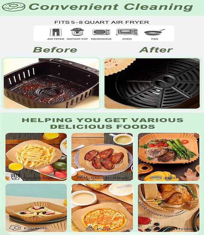 Air Fryer Liners,Disposable Airfryer Paper Liners,Non-Stick Oil-proof Water-proof for Easy Cleanup, Great for Oven, Pans & Baking,8??Sqaure for 4-8 qt Air Fryer, Steamer, Roasting,Microwave,120 Pcs