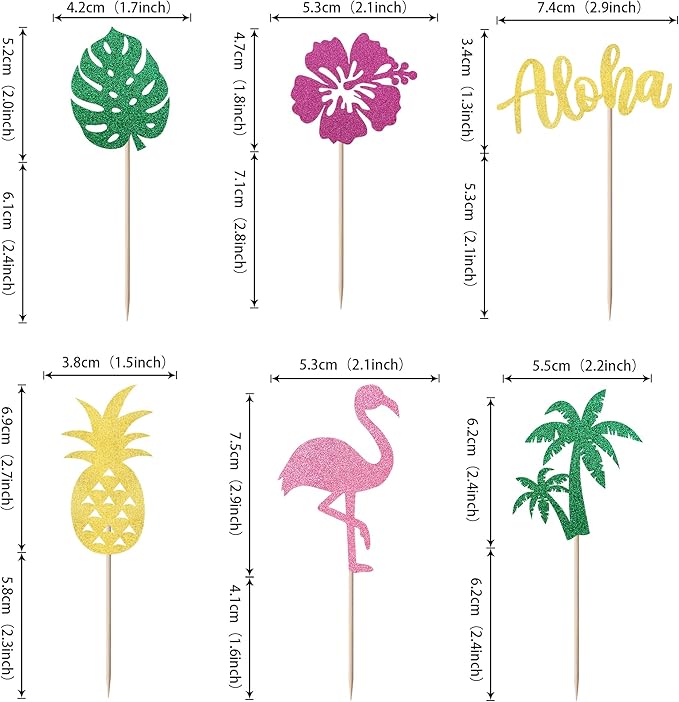 24 Pack Tropical Cupcake Toppers Aloha Luau Cupcake Picks Glitter Flamingo Plam Leaves Pineapple Cupcake Decorations for Summer Baby Shower Birthday Wedding Party Cake Supplies