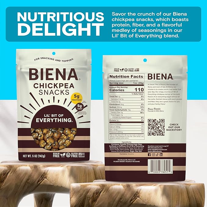 Biena Crispy Roasted Chickpea Snacks, Lil??Bit of Everything, High Protein Snacks, High Fiber Snacks, Gluten Free, Plant-Based, Non-GMO, Healthy Snacks for Adults and Kids, 4-Pack 5 Ounce Bags