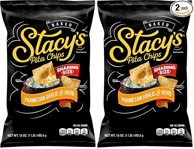 Stacy's Pita Chips, Parmesan Garlic & Herb Baked Chips, 16 Oz Snack Bag (Pack of 2)