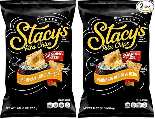 Stacy's Pita Chips, Parmesan Garlic & Herb Baked Chips, 16 Oz Snack Bag (Pack of 2)