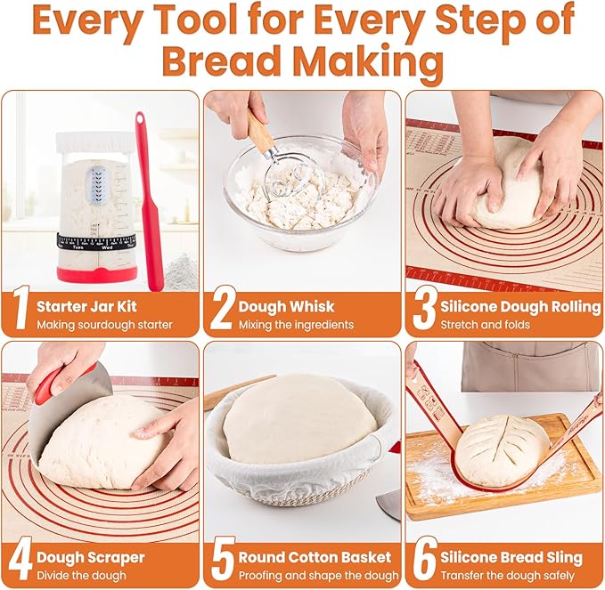 TomCare Sourdough Starter Kit 38PCS Sourdough Bread Baking Supplies, 42oz Glass Starter Jar 10'' Round Cotton Bread Proofing Basket 10pcs Bread Bags 10pcs Measuring Cups Silicone Baking Mat Tools